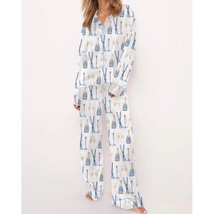 NWT Women Pajama Set Champagne Apres Ski Print Button Up Long Sleeve Pants Small